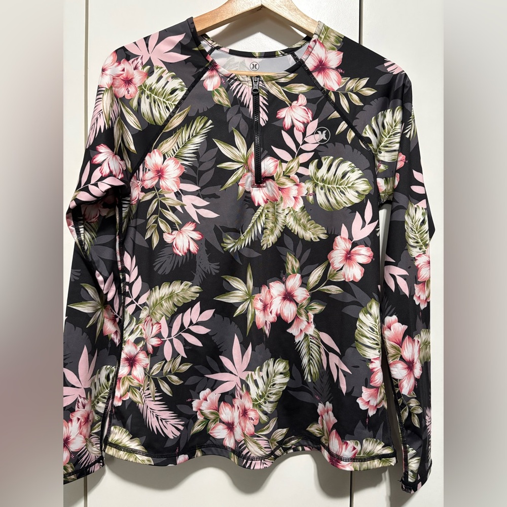 Hurley Black Floral Rash Guard with Pink & Green Leaves